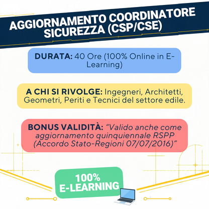 Aggiornamento Coordinatore Sicurezza Cantieri (CSP/CSE) - 40 Ore